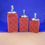 CERAMIC CANISTER SET ROPE RED W/ HORSE SILVER LIDS